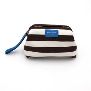 Henri Bendel Cosmetic Bag Brown White Striped Canvas Zip Pouch Travel Makeup